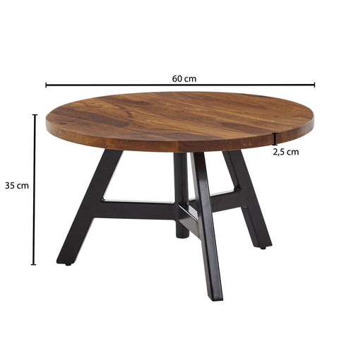 Rootz Coffee Table - Round Metal Coffee Table - Design Living Room Table - Modern Small Side Table - Solid Sheesham Wood - 60x60x35 cm