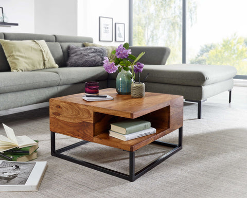 Rootz Coffee Table - Metal Corner Coffee Table - Living Room Table with Storage - Solid Square Coffee Table - Small Modern Side Table - Sheesham Solid Wood - 60x60x34.5 cm