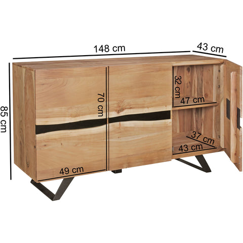 Rootz Sideboard - Natural Tree Edge - Solid Acacia Wood - Country Style Highboard with 3 Doors - Hallway Cabinet Dresser - 148x85x43cm