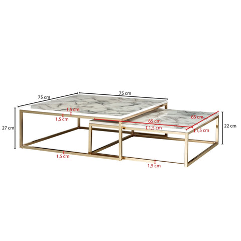 Rootz Coffee Table - Set of 2 White Marble Optics Design - Gold Metal Frame - Modern Nesting Tables for Elegant Living Room