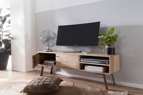 Rootz TV Dresser - Mango Wood - Solid Wood Country Style - 2-Door Base Cabinet - 145x47x35cm