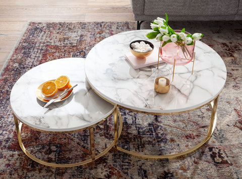 Rootz Coffee Tables - White Gold Marble Look - Set of 2 Round Modern Coffee Tables - 2-Part Metal - Design Nesting Tables