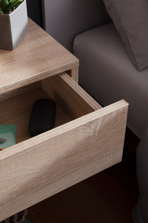 Rootz Wall-Mounted Bedside Table - Sonoma Wood - Drawer Wall Shelf - Floating Bedside Cabinet for Box Spring Bed - Hanging Wall Console - 46x15x30cm