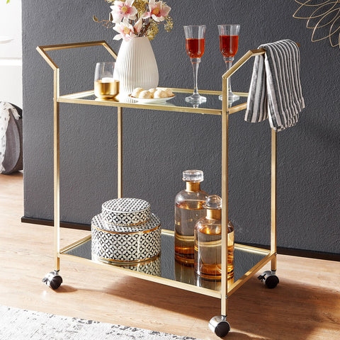Rootz Serving Trolley - Glass and Metal Kitchen Trolley - Mobile Side Table - Dining Car with Glass Top - Mini Bar Tea Trolley - Gold Design - 73x78x37 cm