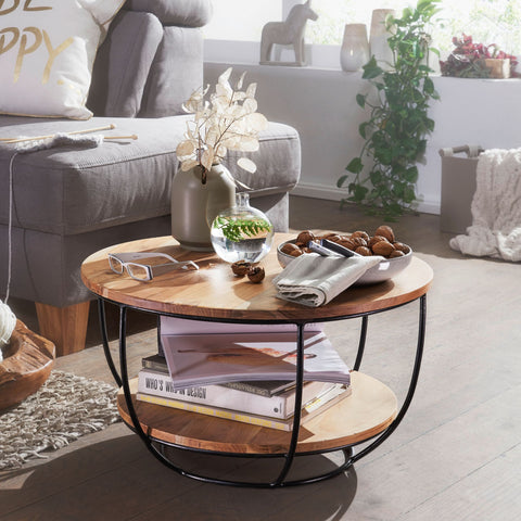 Rootz Round Coffee Table - Acacia Solid Wood - Metal Legs - Industrial Brown - Design Living Room Table with Shelf - (60x34.5x60 cm)
