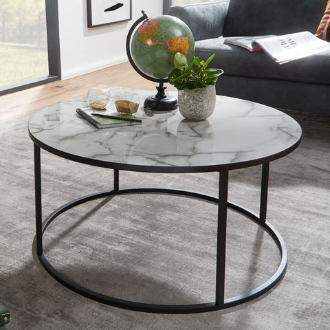 Rootz Round Coffee Table - White Marble Look - Modern Living Room Table with Black Metal Frame - 80x40x80 cm