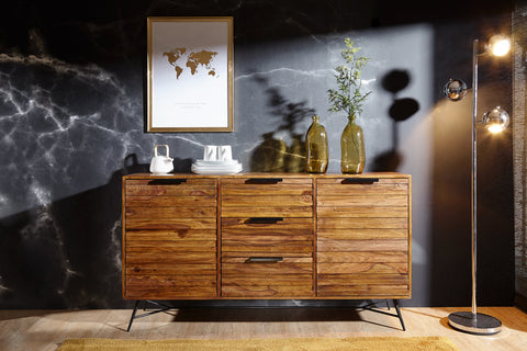 Rootz Sideboard - Sheesham Wood Design - Doors & Drawers - Industrial Style -  Solid Wood Cabinet - 160x40x88cm