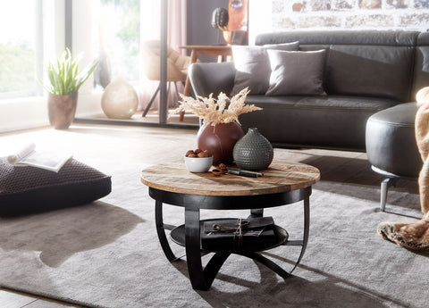 Rootz Industrial Round Coffee Table - Mango Solid Wood and Metal - Black - Solid Living Room Table - Small Coffee Table - 60x34x60 cm