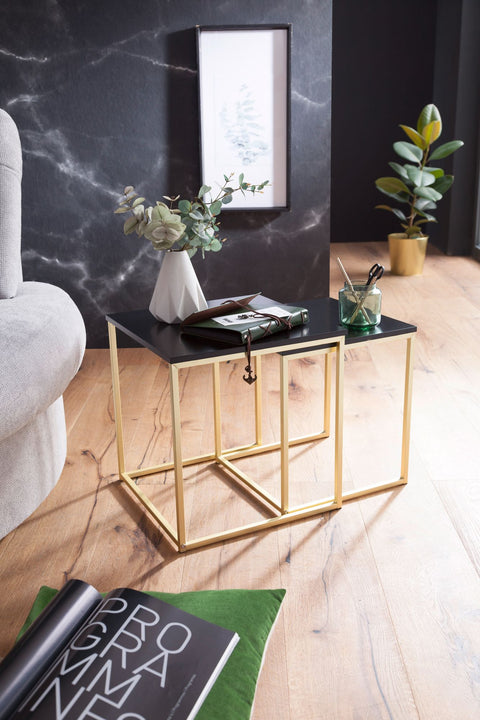 Rootz Black-Gold Table Set - Modern Metal and MDF Side Tables -  Wooden Plate - 2-Piece Coffee Table - Small Living Room Storage -