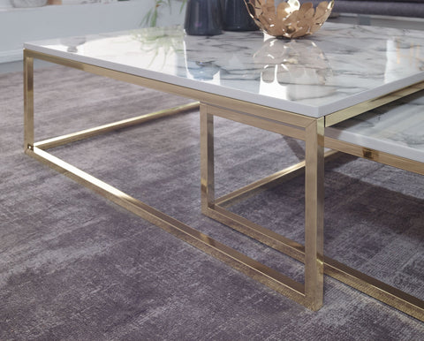 Rootz Coffee Table - Set of 2 White Marble Optics Design - Gold Metal Frame - Modern Nesting Tables for Elegant Living Room