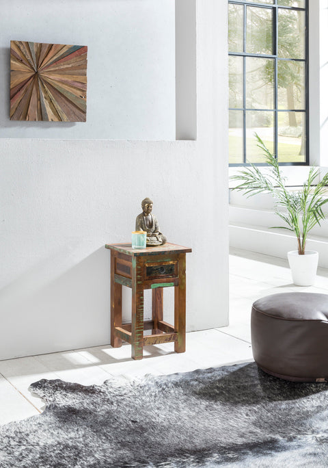 Rootz Side Table - Solid Wood - Shabby Night Commode with Shelf & Thrust - Mango Recycling Boat Wood Night Console - 30x30x50cm