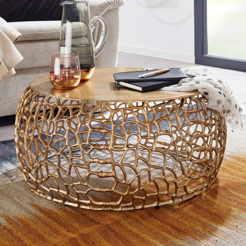 Rootz Coffee Table - Round Aluminum Design with Branch Structure - Gold Metal - 66x66x30 cm
