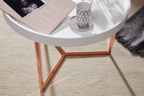 Rootz Coffee Table - White-Copper - Modern Retro Design - Metal Round Table with Wood Plate - 58.5x42x58.5cm