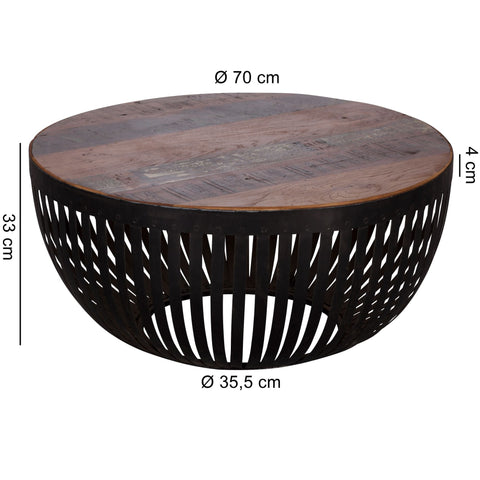 Rootz Coffee Table - Wood & Metal - Industrial Living Room Table - Wire Basket Table - Round Design Lounge Table - 70x33x70cm