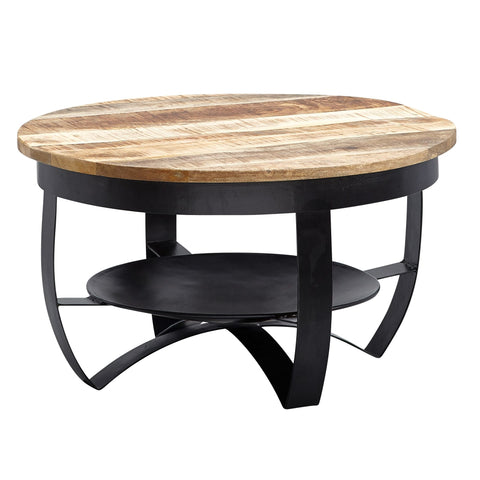 Rootz Industrial Round Coffee Table - Mango Solid Wood and Metal - Black - Solid Living Room Table - Small Coffee Table - 60x34x60 cm