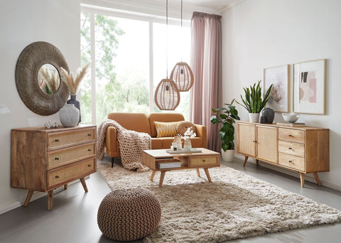 Rootz Sideboard - 3-Drawer Chest - High Solid Wood Chest - Living Room Standing Cabinet - 2 Door Compartments - Solid Mango Wood - 140x75x40cm