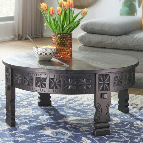 Rootz Coffee Table - Mango Solid Wood Round Table in Black - Oriental Living Room Table - Lounge Table with Solid Wood Design - 80x36x80cm
