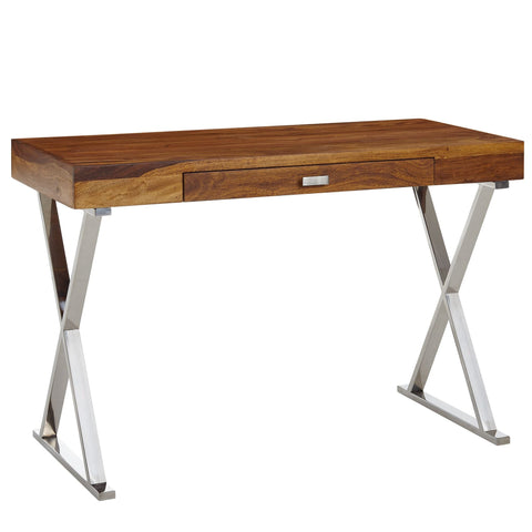Rootz Desk - Chrome Metal - Design Office Table with Drawer - Home Office Laptop Table with Storage - Solid Sheesham Wood - 120x55x78 cm