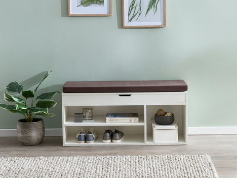 Rootz Wood Bench - Upholstered Seat Wardrobe Bench - Narrow Hallway Storage Bench - Shoe Storage Chest Bench - White - 104x51x32 cm