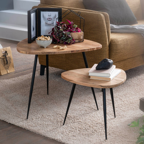 Rootz Nesting Tables - Set of 2 - Acacia Solid Wood - Metal Coffee Table - Modern Design Side Table Set - Living Room Table with Metal Frame
