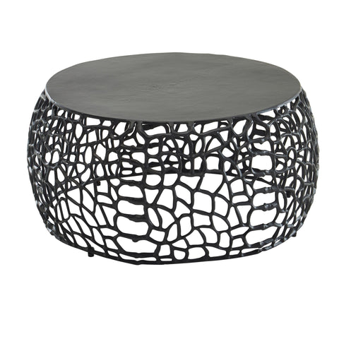 Rootz Coffee Table - Round Aluminum Design with Branch Structure - Black Metal - 66x66x30 cm