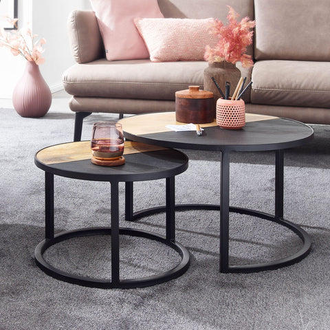 Rootz Coffee Table - Set of 2 Round Stone Coffee Table - Modern Design Side Table - Round Living Room Tables - Wooden Table with Metal Nesting Tables - Solid Mango Wood