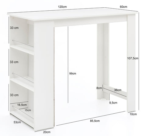 Rootz Bar Table - Wooden Kitchen Table with Integrated Shelf - White - 120x107.5x60cm