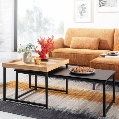 Rootz Coffee Tables - Square Oak Modern Coffee Table - 2-Part Side Table - Wood-Metal - Set of 2 Living Room Nesting Tables