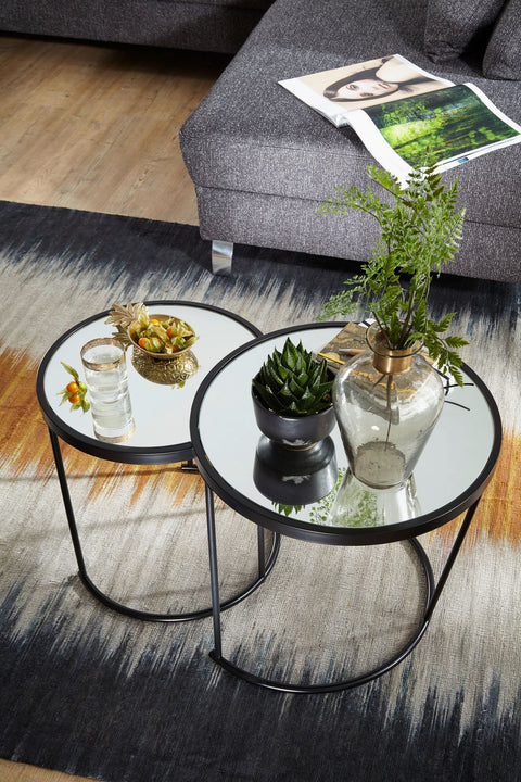 Rootz Round Side Table Set - Black Mirror Glass - Living Room Nesting Table - Mirrored Coffee Table (Set of 2) - 50-42 cm