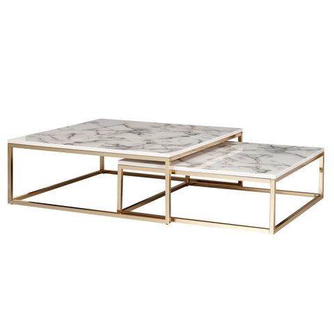 Rootz Coffee Table - Set of 2 White Marble Optics Design - Gold Metal Frame - Modern Nesting Tables for Elegant Living Room