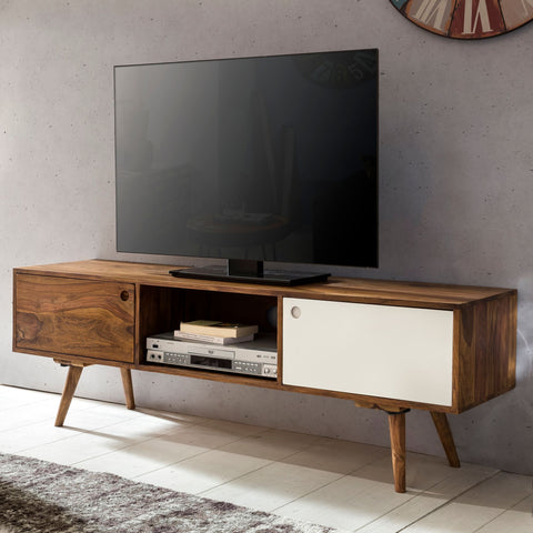 Rootz TV Lowboard - Country TV Unit with 2 Doors & 1 Drawer - Shelf Cabinet Sideboard - Sheesham Solid Wood - 140 cm