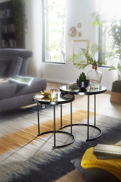 Rootz Round Side Table Set - Black Mirror Glass - Living Room Nesting Table - Mirrored Coffee Table (Set of 2) - 50-42 cm