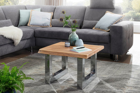 Rootz Coffee Table - Acacia Wood - Metal Frame - Rustic Brown - Small Solid Wood Living Room Table - Country House Style Sofa Table - 58x40x60cm