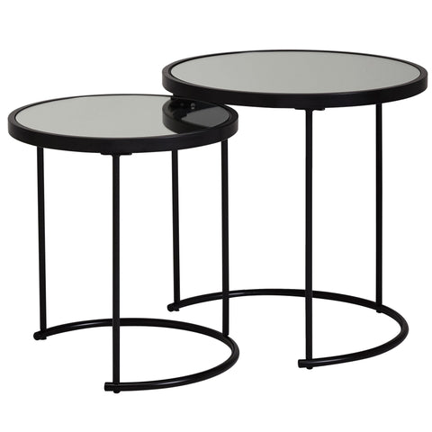 Rootz Round Side Table Set - Black Mirror Glass - Living Room Nesting Table - Mirrored Coffee Table (Set of 2) - 50-42 cm