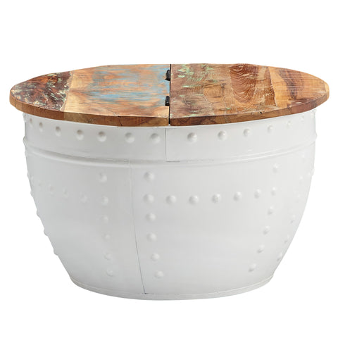 Rootz Industrial Round Coffee Table - Mango Wood and Metal - White - Design Living Room Table with Storage - Modern Lounge Sofa Table - 60x36x60 cm