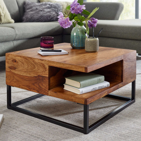 Rootz Coffee Table - Metal Corner Coffee Table - Living Room Table with Storage - Solid Square Coffee Table - Small Modern Side Table - Sheesham Solid Wood - 60x60x34.5 cm