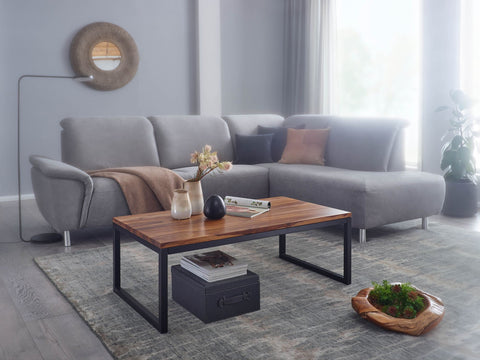 Rootz Coffee Table - Metal Living Room Table - Industrial Designer Style - Solid Lounge Table - Sheesham Solid Wood - 110x40x60cm