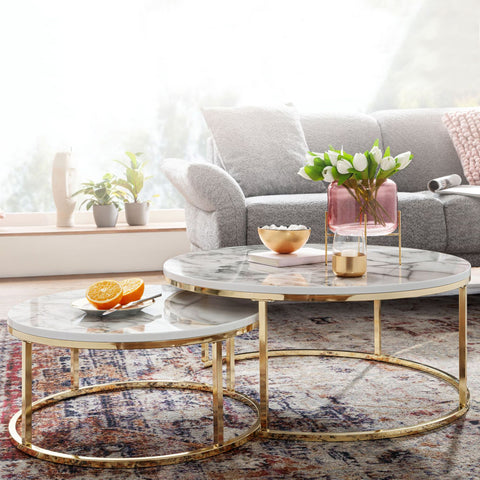 Rootz Coffee Tables - White Gold Marble Look - Set of 2 Round Modern Coffee Tables - 2-Part Metal - Design Nesting Tables