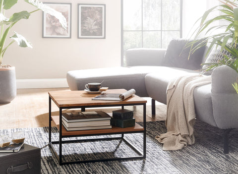 Rootz Coffee Table - Acacia Wood with Metal Frame - Industrial Style Living Room Table - Square Design with Storage Space - 60x60x41cm