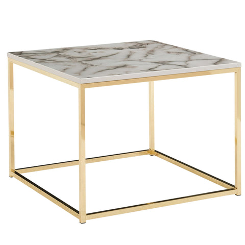 Rootz Coffee Table - Metal Frame Living Room Table - White Gold Marble Look - Square Sofa Side Table - 60x60x45 cm