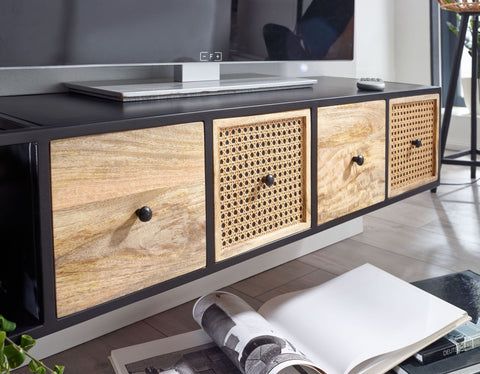 Rootz TV Stand - Hanging Lowboard - Modern Design TV Cabinet - Wall-Mounted TV Unit - Hanging TV Dresser - Black - Mango Solid Wood and Metal - 150x25x35 cm