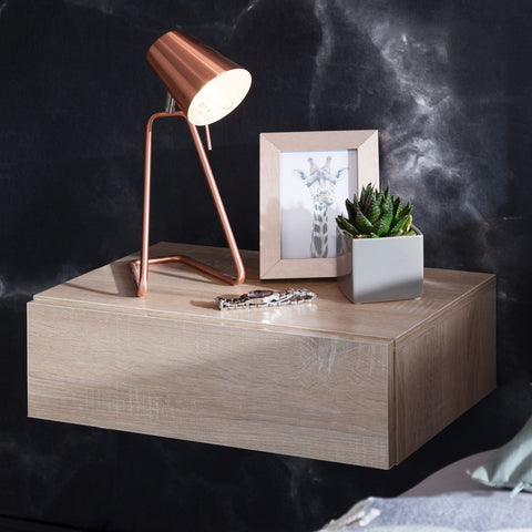 Rootz Wall-Mounted Bedside Table - Sonoma Wood - Drawer Wall Shelf - Floating Bedside Cabinet for Box Spring Bed - Hanging Wall Console - 46x15x30cm
