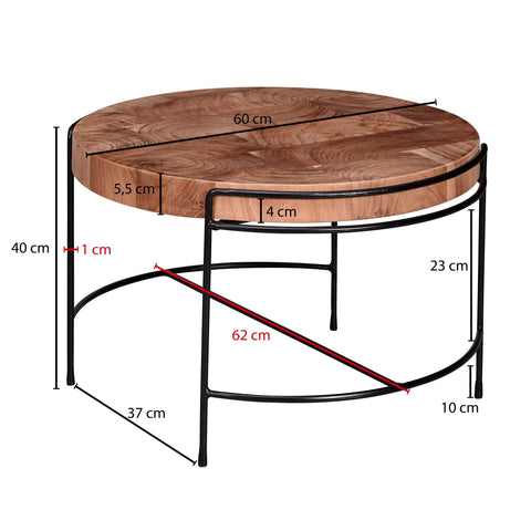 Rootz Coffee Table - Round Living Room Table with Metal Legs - Small Designer Industrial Table - Acacia Solid Wood - Metal - 62x40x62 cm