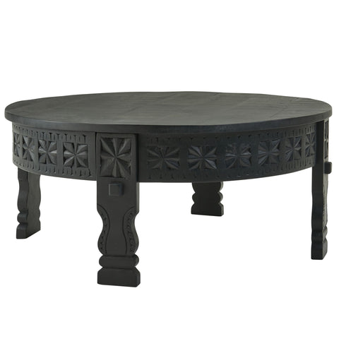Rootz Coffee Table - Mango Solid Wood Round Table in Black - Oriental Living Room Table - Lounge Table with Solid Wood Design - 80x36x80cm