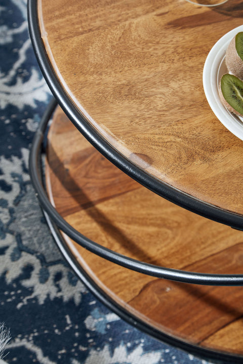 Rootz Coffee Table - Round Metal Coffee Table - Modern Living Room Table with Storage - Small Side Table -  Solid Sheesham Wood - 58x58x35 cm