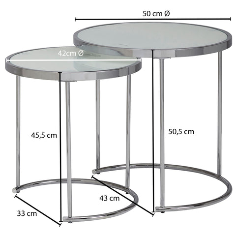 Rootz Round Side Table Set - White Silver - Glass Top - Living Room Nesting Table - Milk Glass Coffee Table - 50-42 cm
