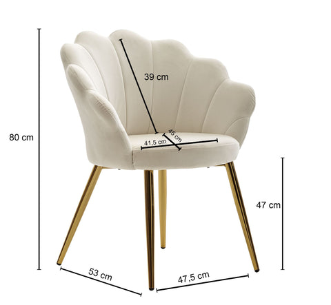 Rootz Tulip Dining Chair - Velvet White - Upholstered Kitchen Chair with Gold Legs - Scandinavian Design Shell Chair - Fabric-Covered Upholstered Chair