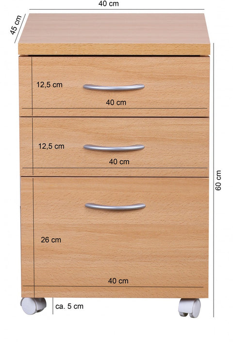Rootz Rolling Cabinet - Beech Base Cabinet with Castors - Drawer Trolley - Office - Makeup and Cosmetic Storage - Under Desk Container - 40 x 60 x 45 cm