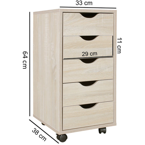 Rootz Roll Container - Sonoma - Modern MDF Wood Drawer Container - Office Storage on Wheels - 33x64x38cm