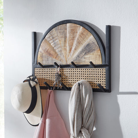 Rootz Rattan Wardrobe - Design Hall Wardrobe with Metal Hook Rail - Wall-Mounted Wardrobe - Hallway Coat Rack -  Mango Solid Wood - 53x40x7.5 cm